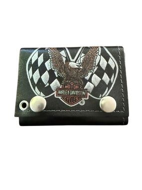 Vintage Harley-Davidson Black Trifold Leather Wallet Eagle Graphic Made in USA